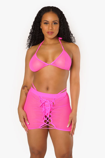 Conjunto de top de bikini de malla y falda con cordones de color rosa neón